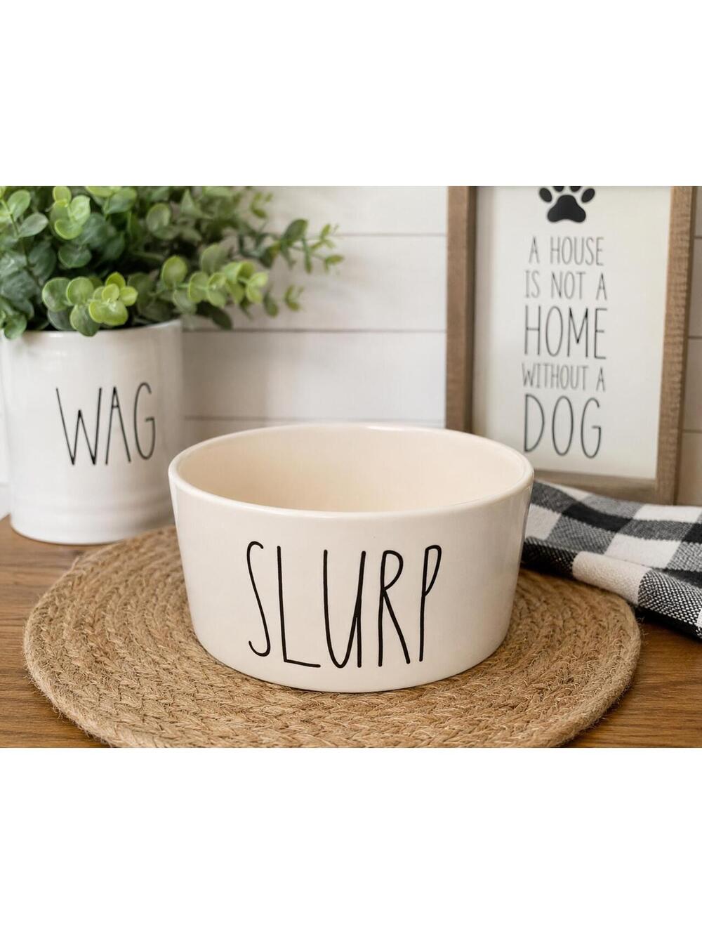 Rae Dunn SLURP Ceramic Dog Bowl White Black Farmhouse 24 oz Magenta
